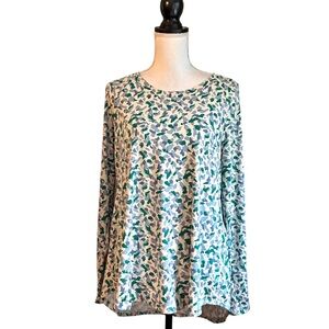 zuda Z-Cool Tulip Back Long-Sleeve Top Women SZ Medium Green Grey Print Casual